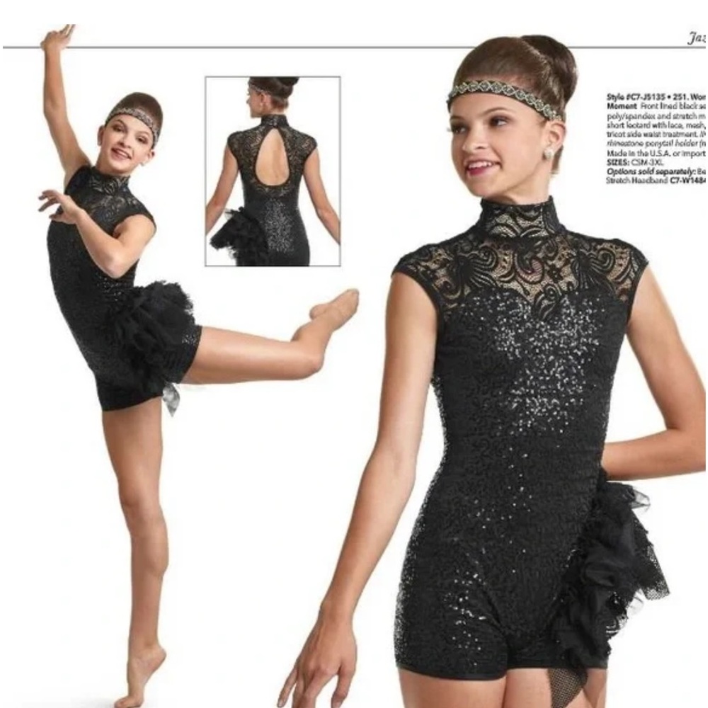 Sassy black sequinned/lace dance costume childs large